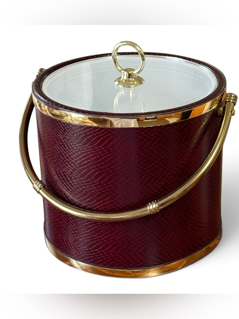 Vintage MCM Shelton Faux Snake Skin Ice Bucket Burgundy and Gold